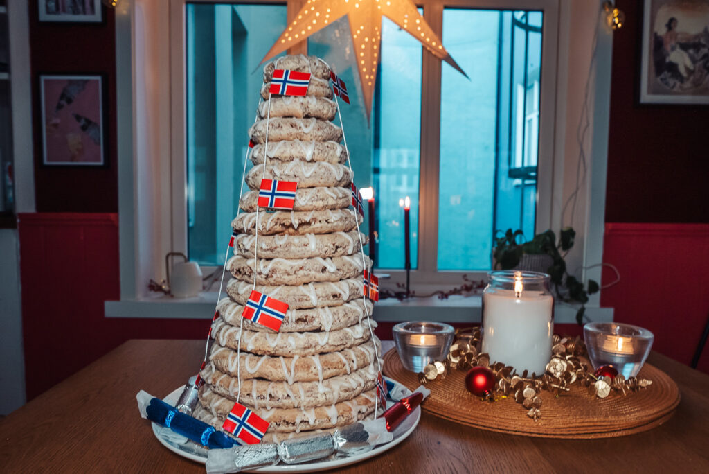 kransekake covered in Norwegian flags