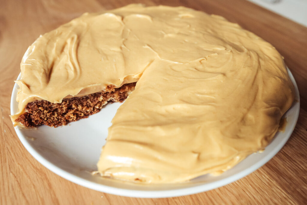 Norwegian apple cinnamon cake with brown cheese frosting