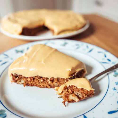 Norwegian apple cinnamon cake with brown cheese frosting