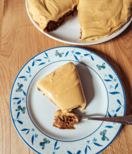 Norwegian Apple Cake with brown cheese frosting