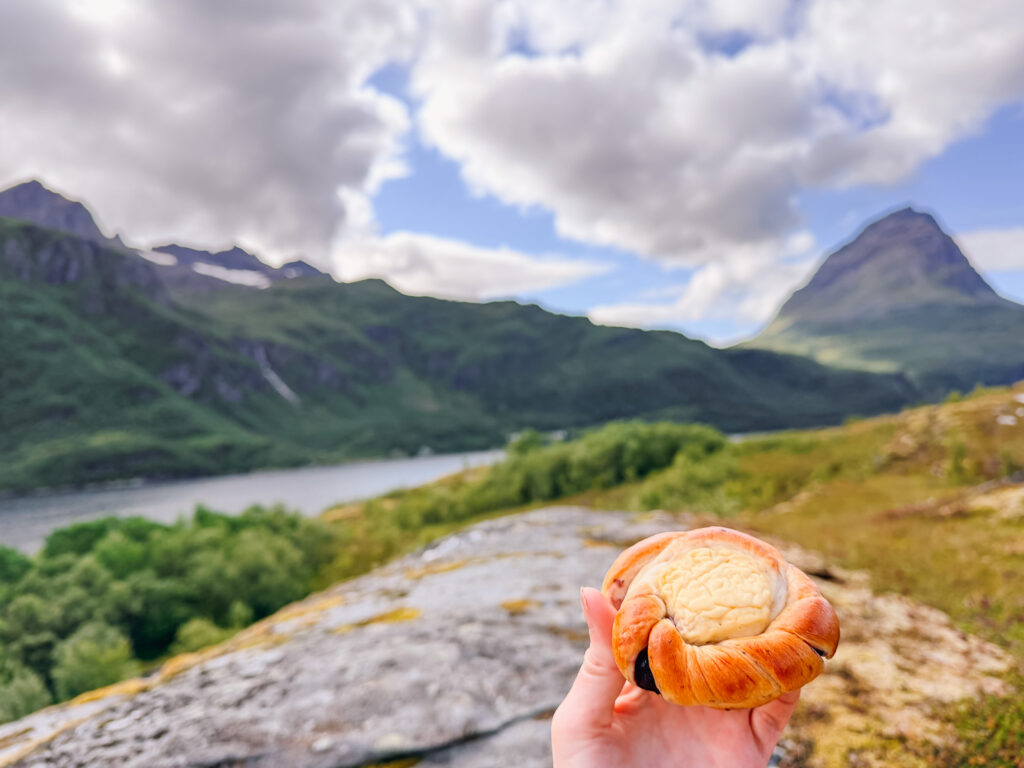holding a Norwegian blueberry bun on a mountain hike in Norway