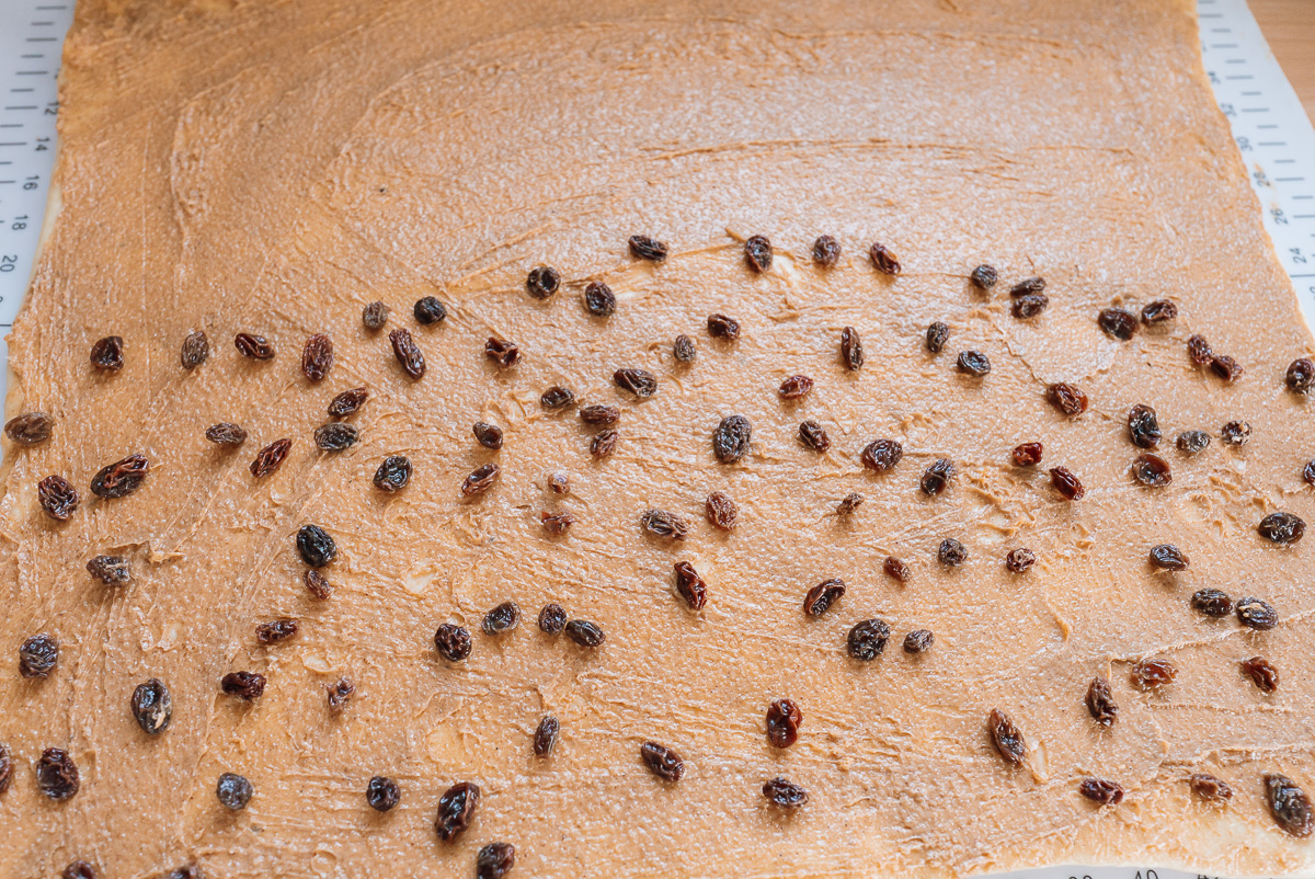 sprinkled raisins on cinnamon bun dough
